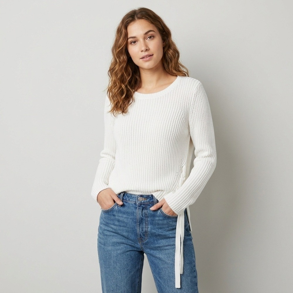 Coquette Clean Girl Halogen Ivory White Side Ribbon Tie Shaker Knit Sweater M